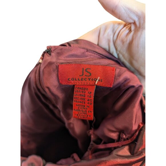 JS Collections Ruched Mermaid Gown With Rhinestone Brooch Red Size 12 - Picture 7 of 7